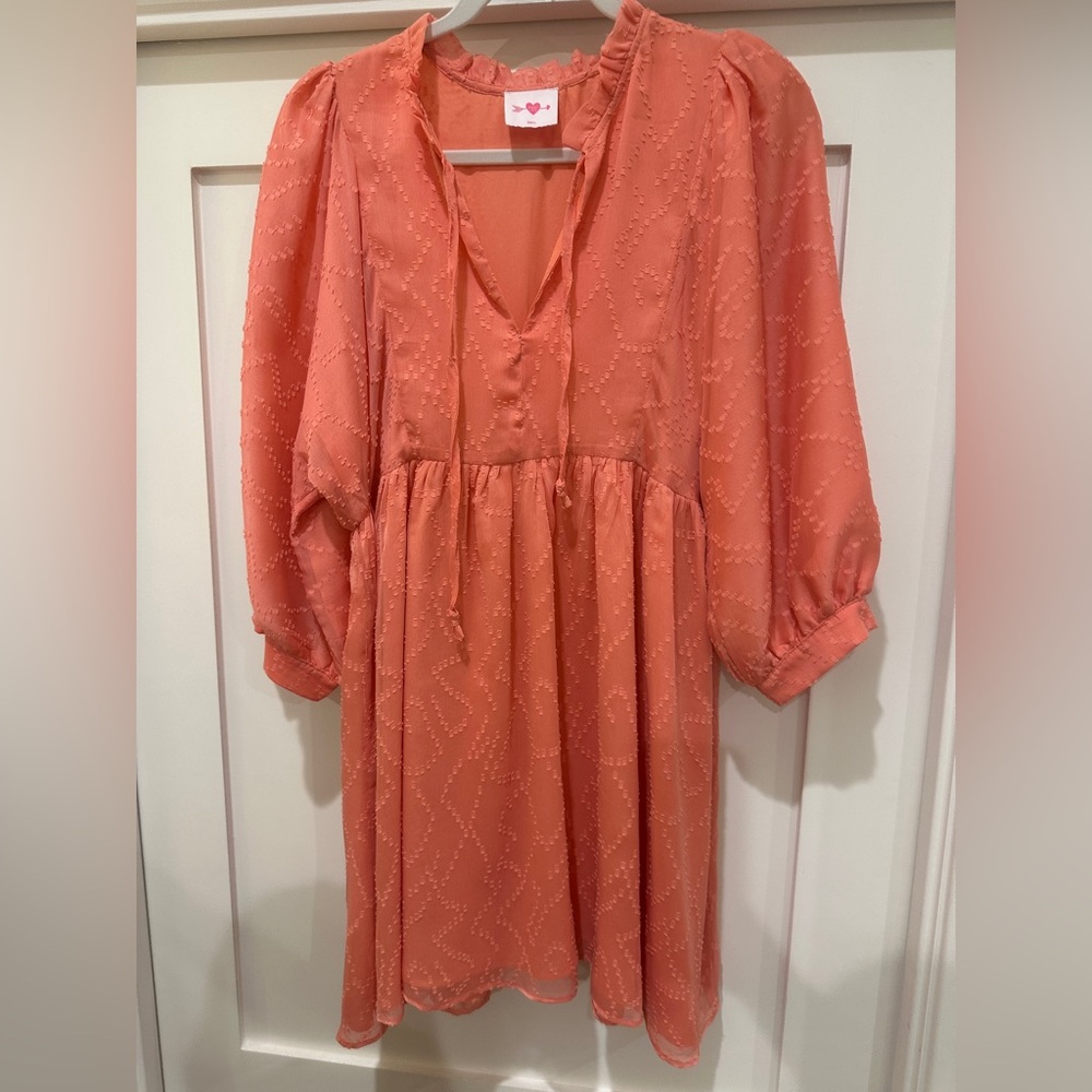 Coral V-Neck Dress with Puff Sleeves